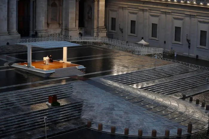 Pope Francis delivers an extraordinary "Urbi et Orbi" (to the city and the world) blessing - normally given only at Christmas and Easter - from an empty St. Peter's Square, as a response to the global coronavirus disease (COVID-19) pandemic, at the Vatican, March 27, 2020. ANSA/ REUTERS/ YARA NARDI/ POOL