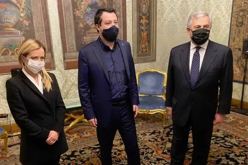 Giorgia Meloni, Matteo Salvini e Antonio Tajani al Quirinale (foto Twitter Matteo Salvini)