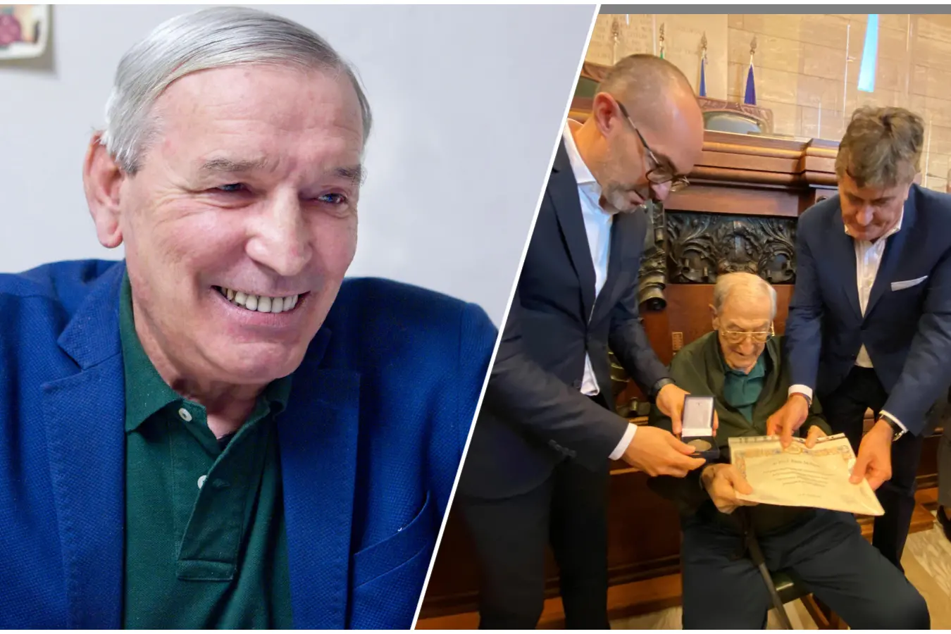 Gigi Riva und eines der letzten Bilder von Enzo Molinas, während er von Bürgermeister Truzzu Anerkennung für seine lange Tätigkeit erhält (Archiv)