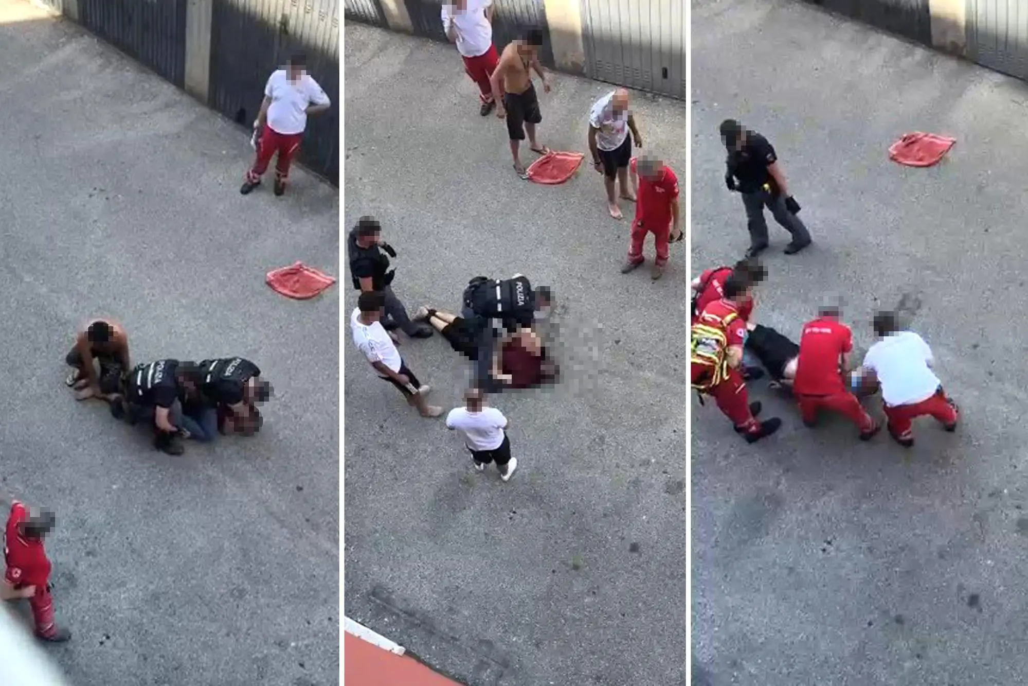 Combo di tre fermoimmagine dell'intervento di poliziotti e sanitari su Abderrahim Fakir, immobilizzato dagli agenti a Bologna il 19 luglio 2026. Il 43enne di origine marocchina è morto durante l'intervento della polizia.