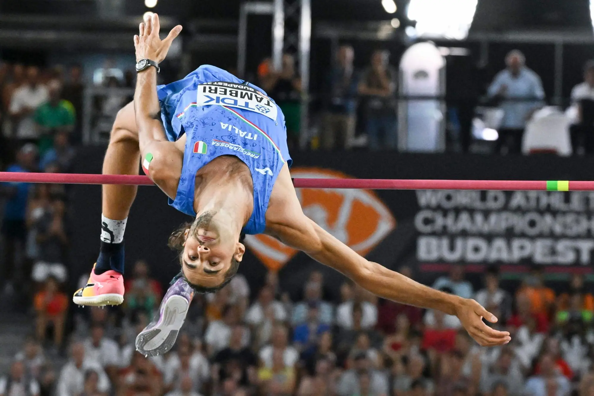 epa10814296 Gainmarco Tamberi of Italy makes an attempt in the High Jump Men final competition of the World Athletics Championships in Budapest, Hungary, 22 August 2023. EPA/Zsolt Czegledi HUNGARY OUT