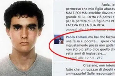 Federico Aldovrandi (a sinstra) e uno stralcio dalla bacheca Facebook del poliziotto condannato