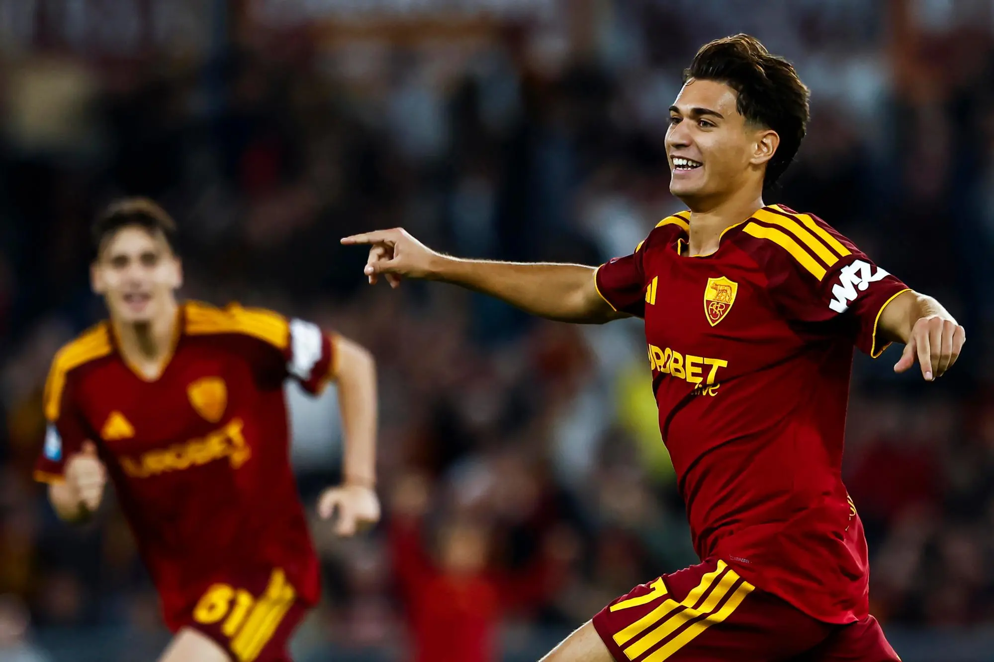 Roma’s Emanuele Lulli jubilates with his teammates after scoring the 2-0 goal during the Italian Serie A soccer match AS Roma vs Genoa CFC at the Olimpico stadium in Rome, Italy, 17 October 2026. ANSA/ANGELO CARCONI