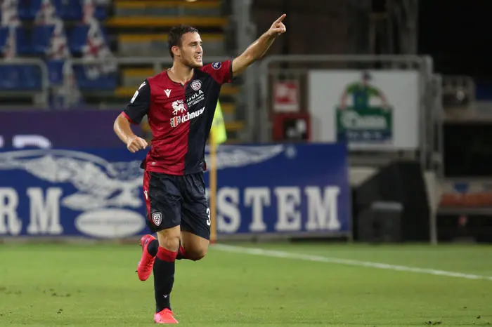 Cagliari's Luca Gagliano jubilates after scoring the goal 1-0 during the Italian Serie A soccer match Cagliari Calcio vs Juventus FC at Sardegna Arena stadium in Cagliari, Sardinia island, Italy,29 july 2020 ANSA/FABIO MURRU
