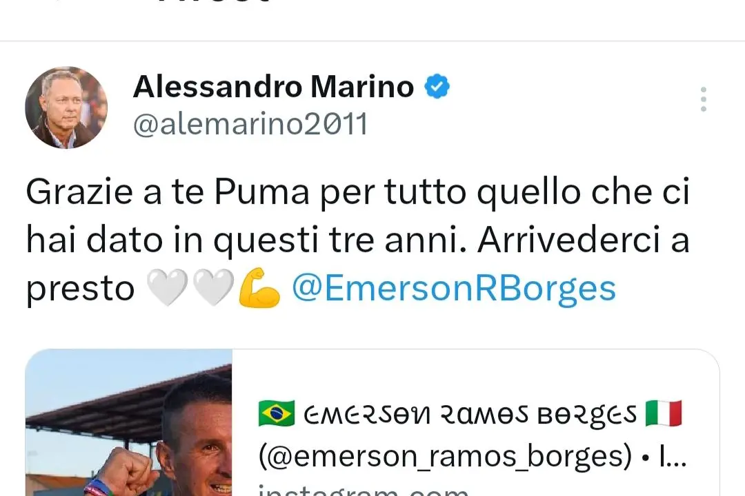Alessandro Marino ringrazia Emerson (fonte Twitter)