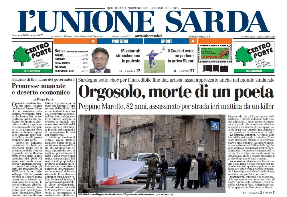 La notizia sulla prima pagina de L'Unione Sarda