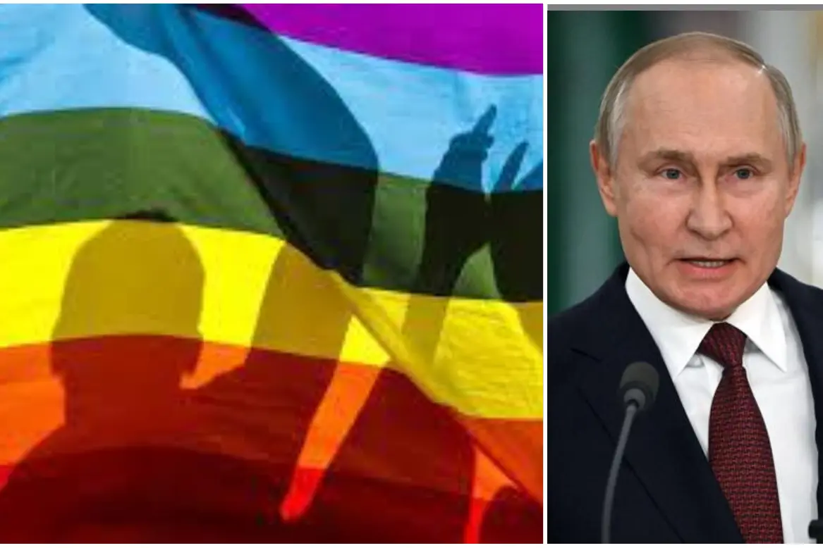 Vladimir Putin e la bandiera arcobaleno (Ansa)