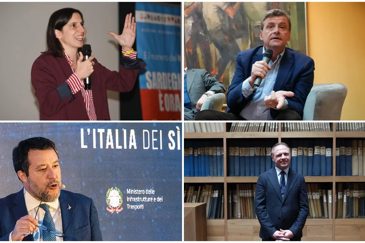 Dall'alto a sinistra, in senso orario, Elly Schlein, Francesco Lollobrigida, Carlo Calenda e Matteo Salvini (L'Unione Sarda)
