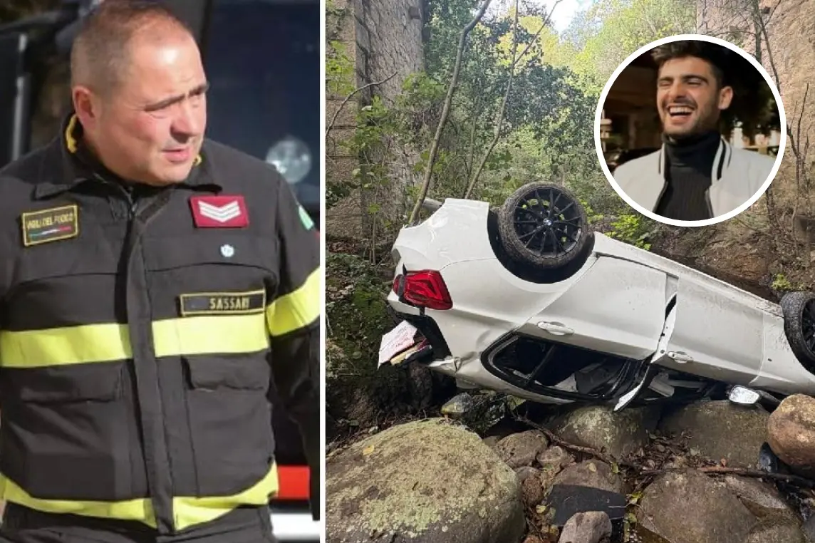 Massimiliano Masia (a sinistra), a destra l'auto distrutta e, nel tondo, Omar