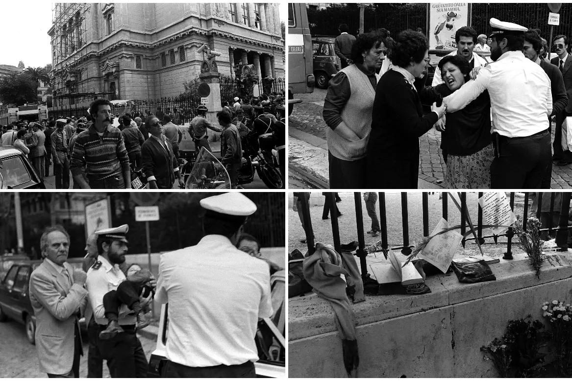 Alcune terribili immagini dell'attentato alla Sinagoga di Roma, nel 1982 (foto Ansa)