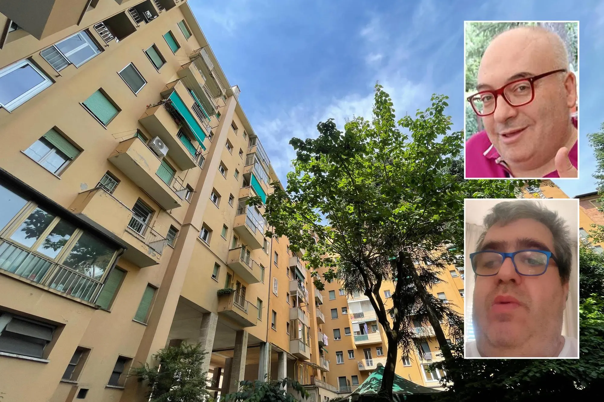 L'appartamento dove è avvenuto l'omicidio a Bologna e le due vittime, Luca Monaldi - in alto - e Luca Gombi (Ansa)