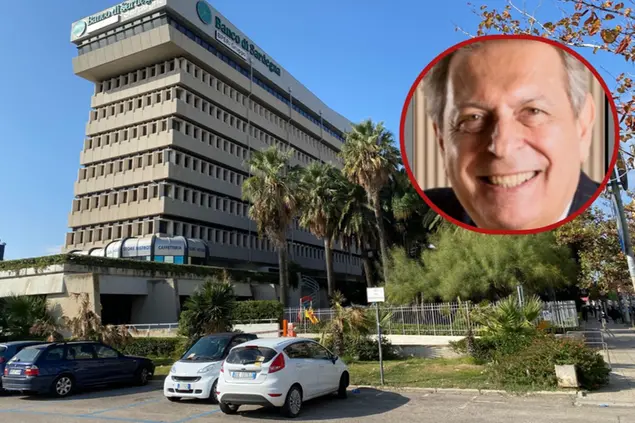 La sede del Banco di Sardegna e, nel tondo, il presidente Gianfranco Farre (foto Ansa)