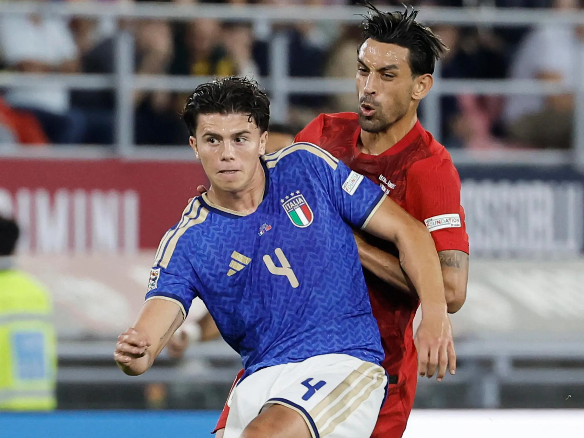 Italy's Alessandro Romano and Turkey's IrfanCan Kahveci (R) in action during the UEFA Nations League soccer match, league phase, between Italy and Turkey at Renato Dall'Ara stadium in Bologna, Italy, 5 October 2026. ANSA / ELISABETTA BARACCHI