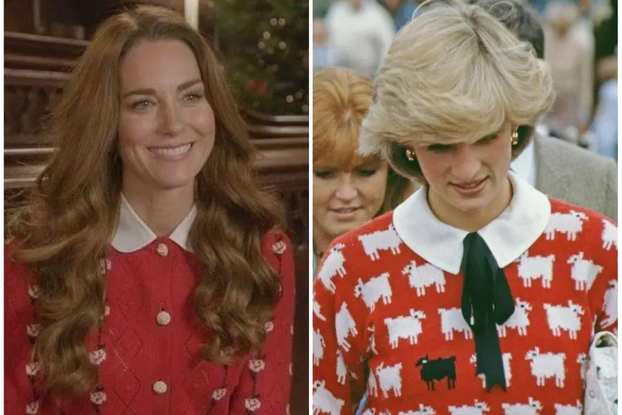 Kate con il maglione natalizio (dalle sue storie Instagram) e Lady D con il maglione con le pecore (Warm and Wonderful Instagram)