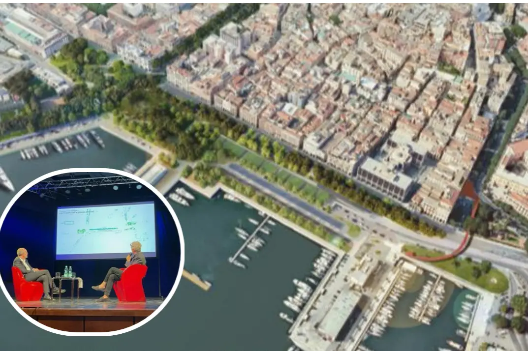 Il masterplan della promenade verde e, nel tondo, la presentazione a Cagliari (Ansa)