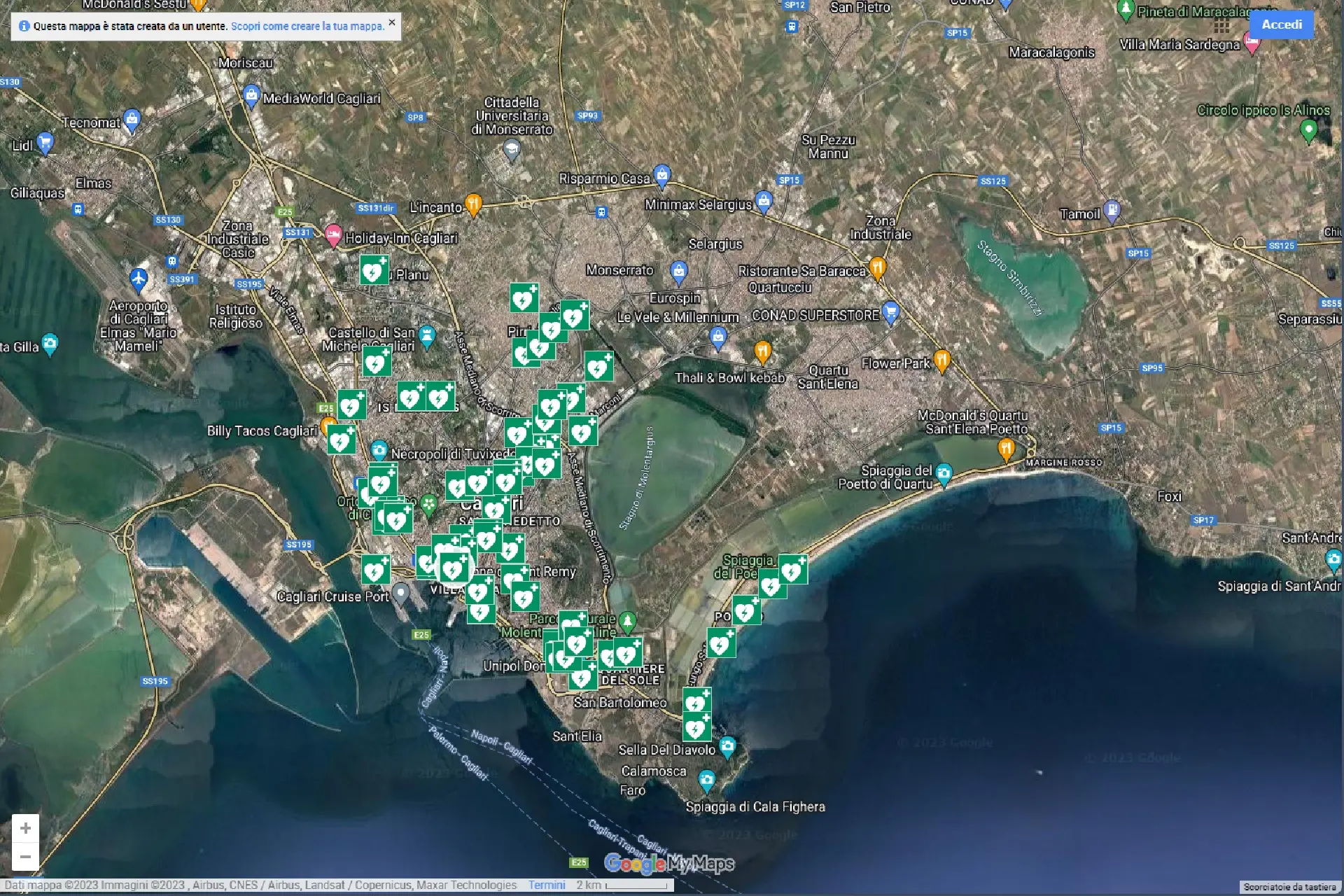 La mappa dei defibrillatori a Cagliari (foto ufficio stampa)