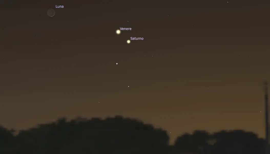 La congiunzione fra Venere e Saturno assieme alla Luna, lunedì 23 gennaio 2023