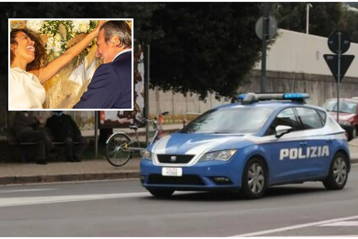 Un'auto della Polizia (Ansa) e, nel riquadro, Alessandro Del Bono insieme alla moglie Afef (foto Instagram)
