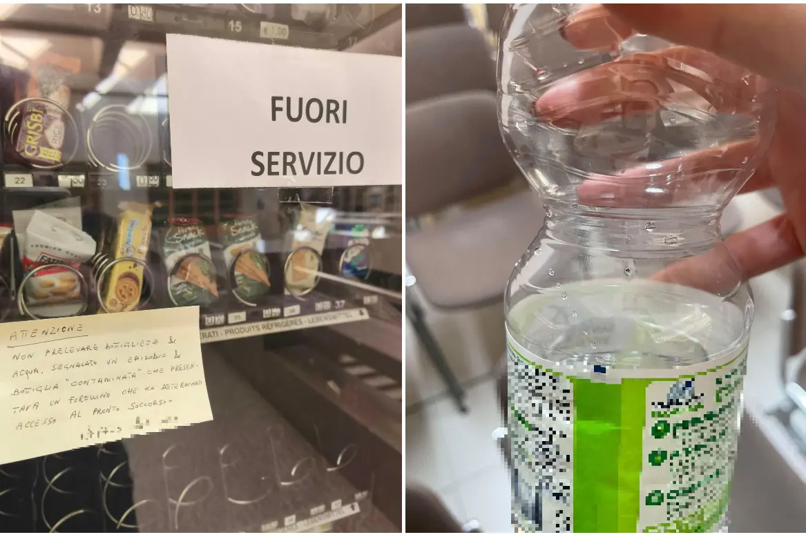Il distributore in cui è stata acquistata la bottiglietta d'acqua, a destra uno dei fori scoperti (foto L'Unione Sarda)