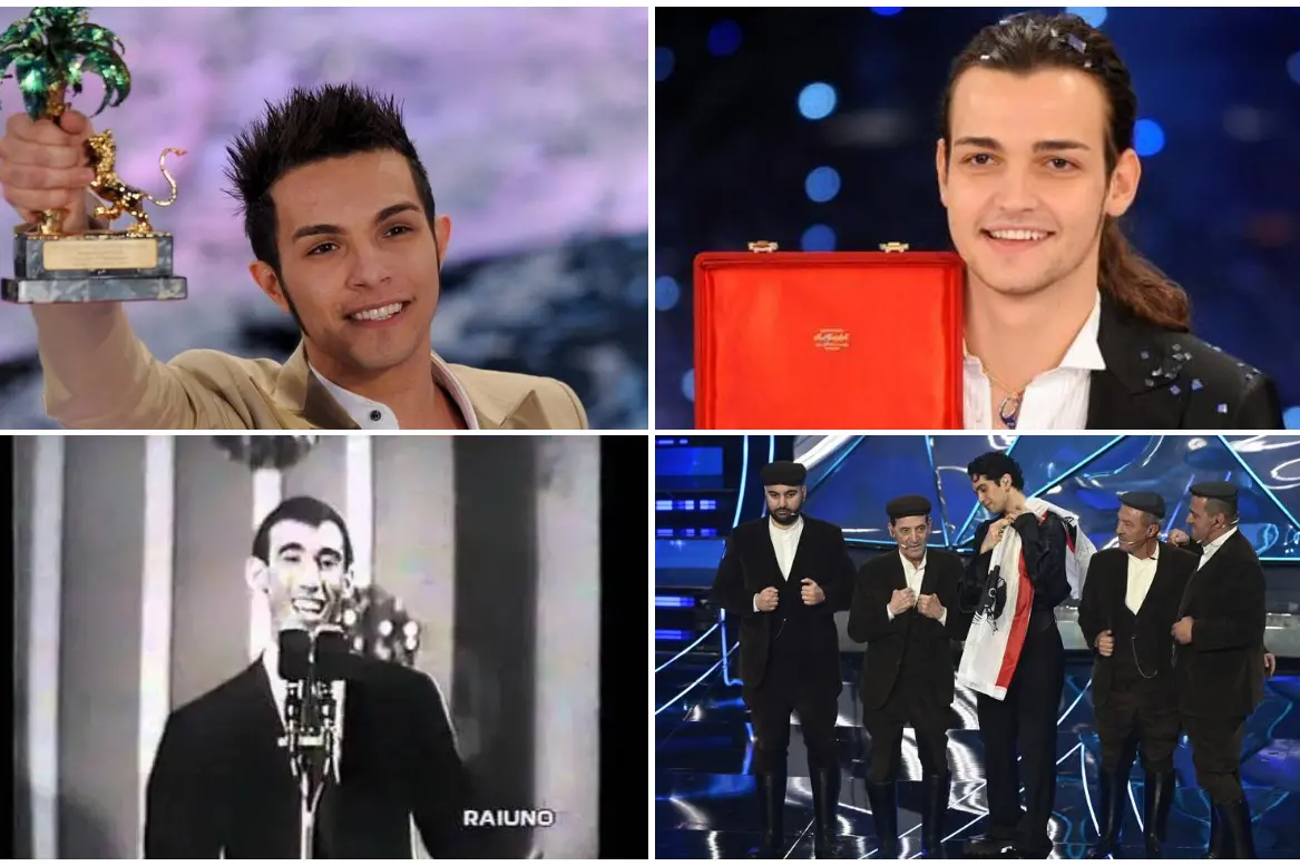 In senso orario Marco Carta, Valerio Scanu, Mahmood con i Tenores di Bitti e Vittorio Inzaina (foto Ansa e frame Rai)