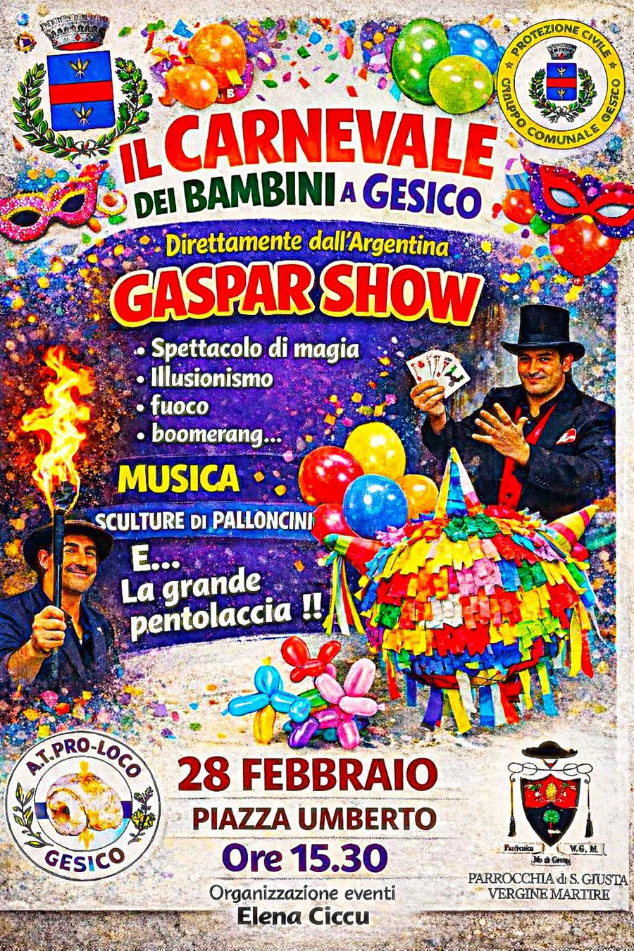 Carnevale dei bambini a Gesico: magia, pentolaccia e zeppole in piazza Umberto