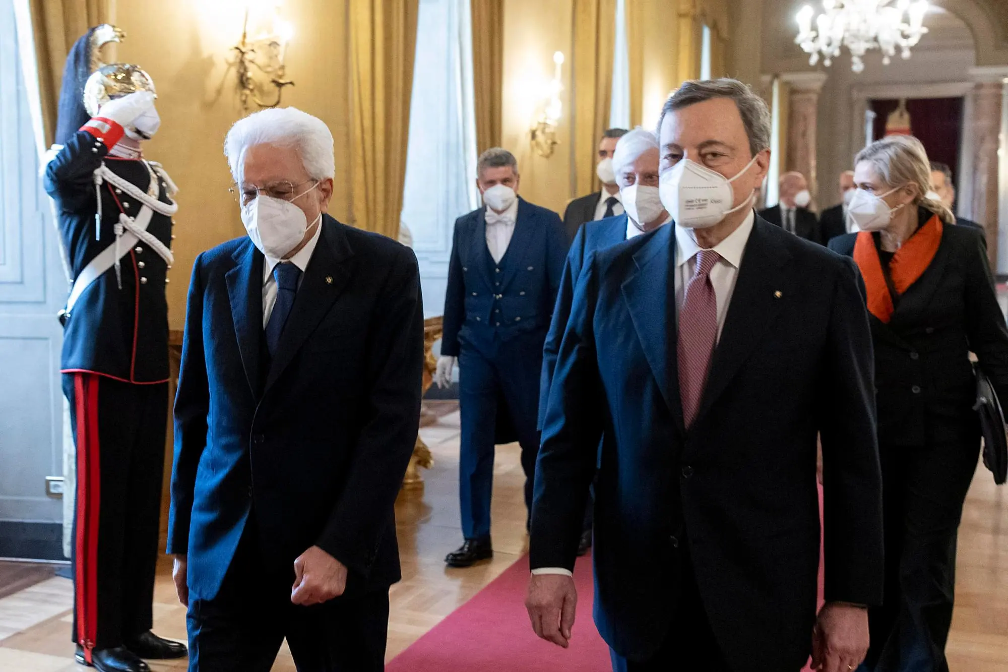 Italian President Sergio Mattarella (L) with Italian Prime Minister Mario Draghi (R) during new government swearing-in ceremony at Quirinal Palace, Rome, 13 February 2021. ANSA/FRANCESCO AMMENDOLA/QUIRINALE PRESS OFFICE ++ NO SALES, EDITORIAL USE ONLY +++