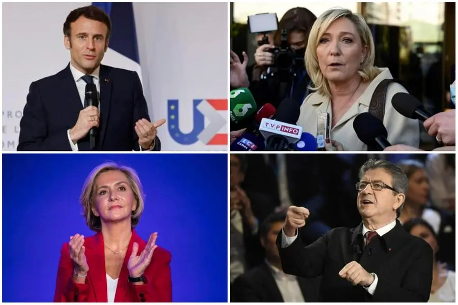 从上方，顺时针方向：Macron、Le Pen、Melenchon 和 Pecresse (Ansa)