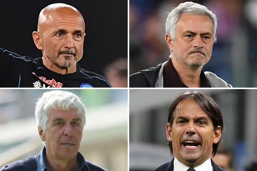 La combo mostra l'allenatore del Napoli Luciano Spalletti, l'allenatore della Roma Jose Mourinho, l'allenatore dell'Atalanta Gian Piero Gasperini e l'allenatore dell'Inter, Simone Inzaghi (Ansa)