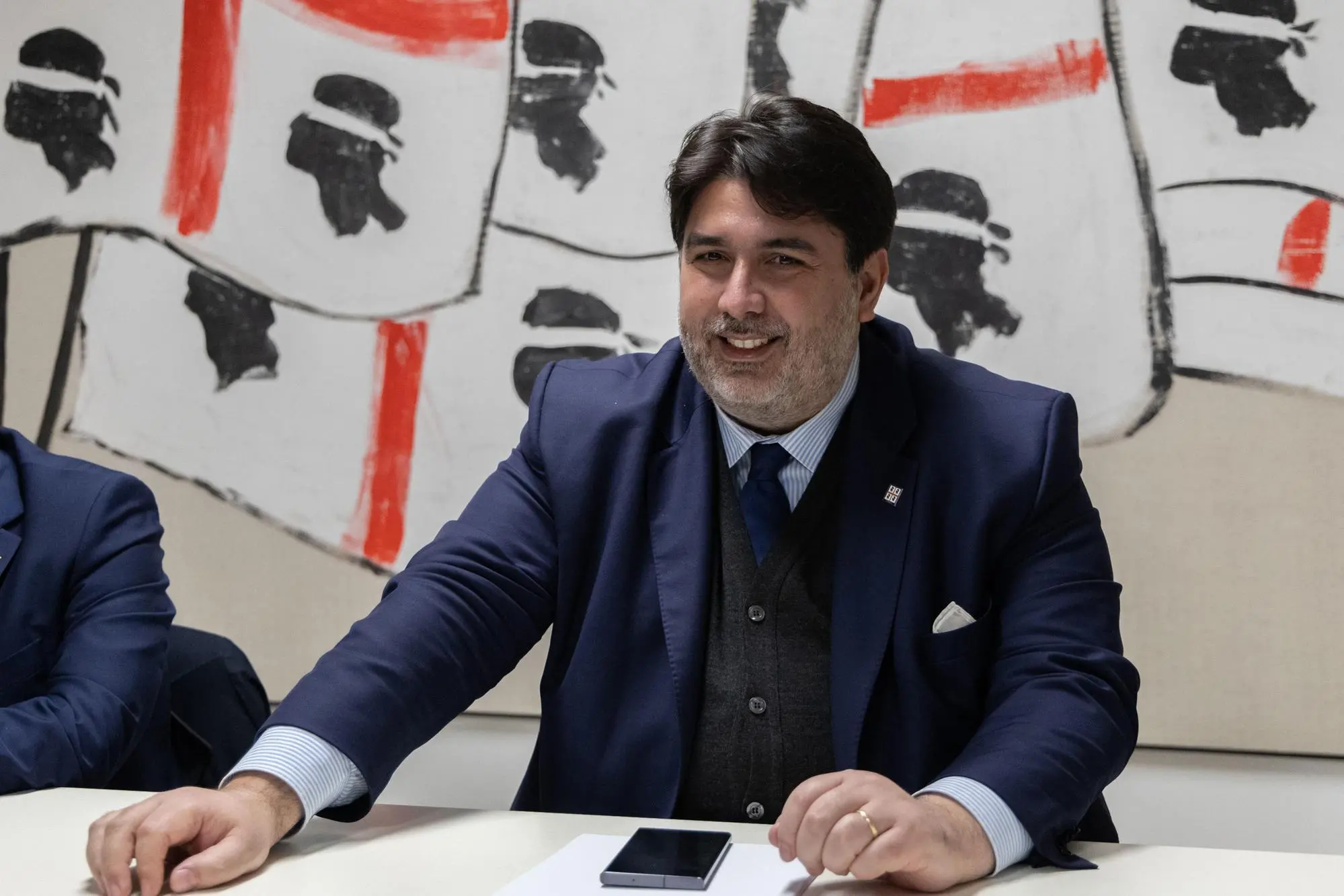 Il presidente della Regione Sardegna, Christian Solinas, al direttivo del Partito sardo d'Azione, Cagliari, 12 Gennaio 2024. ANSA / Fabio Murru