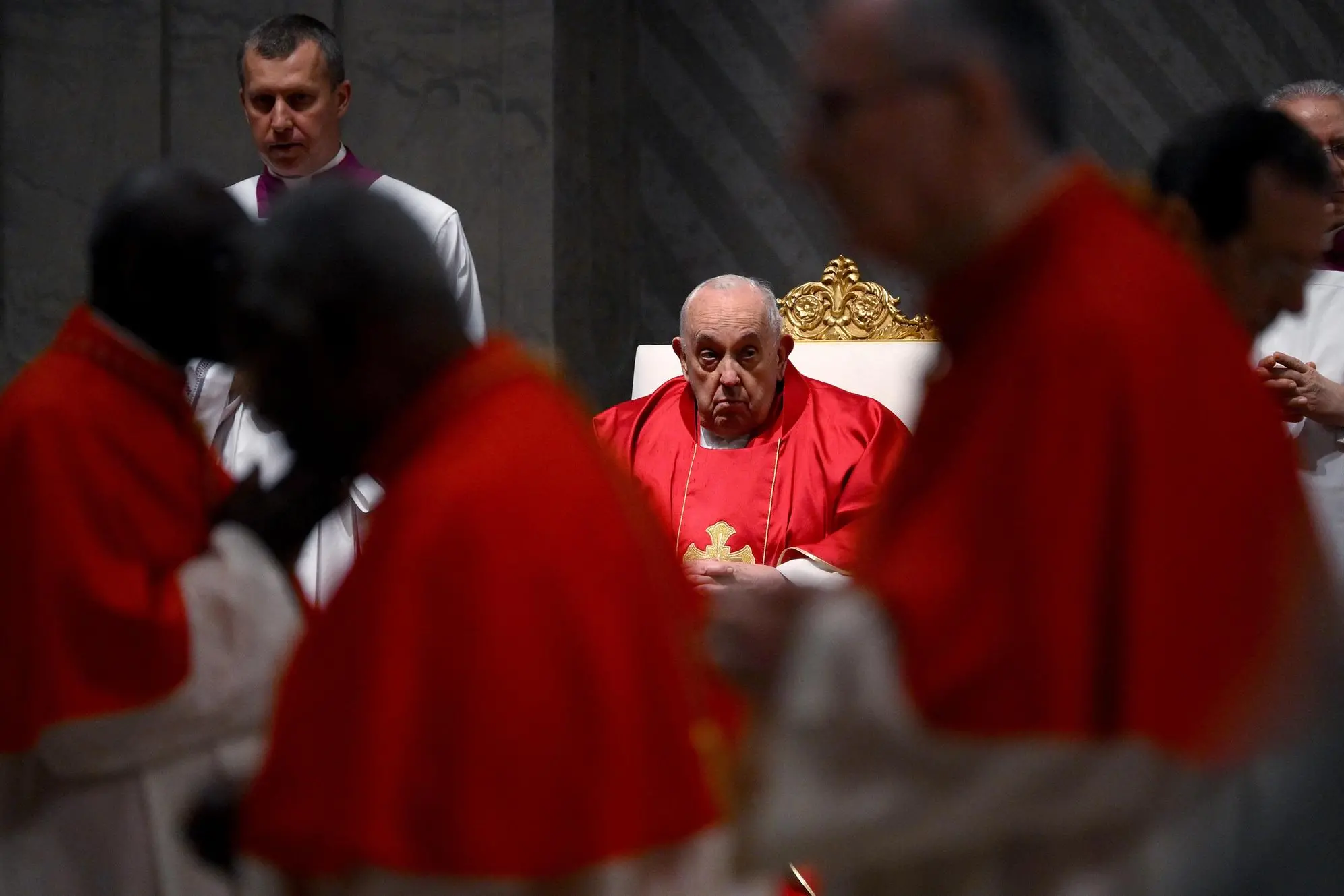 Pope Francis (C) celebrates Good Friday Mass for the Passion of the Lord at St. Peter's Basilica in the Vatican, 29 March 2024. ANSA/ETTORE FERRARI
