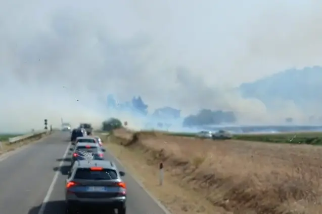 Le fiamme a un passo dalla strada statale 197 a Furtei