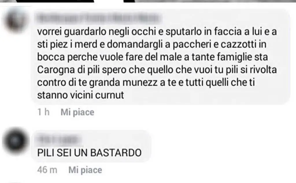 Le minacce sul post di Mauro Pili (Facebook)