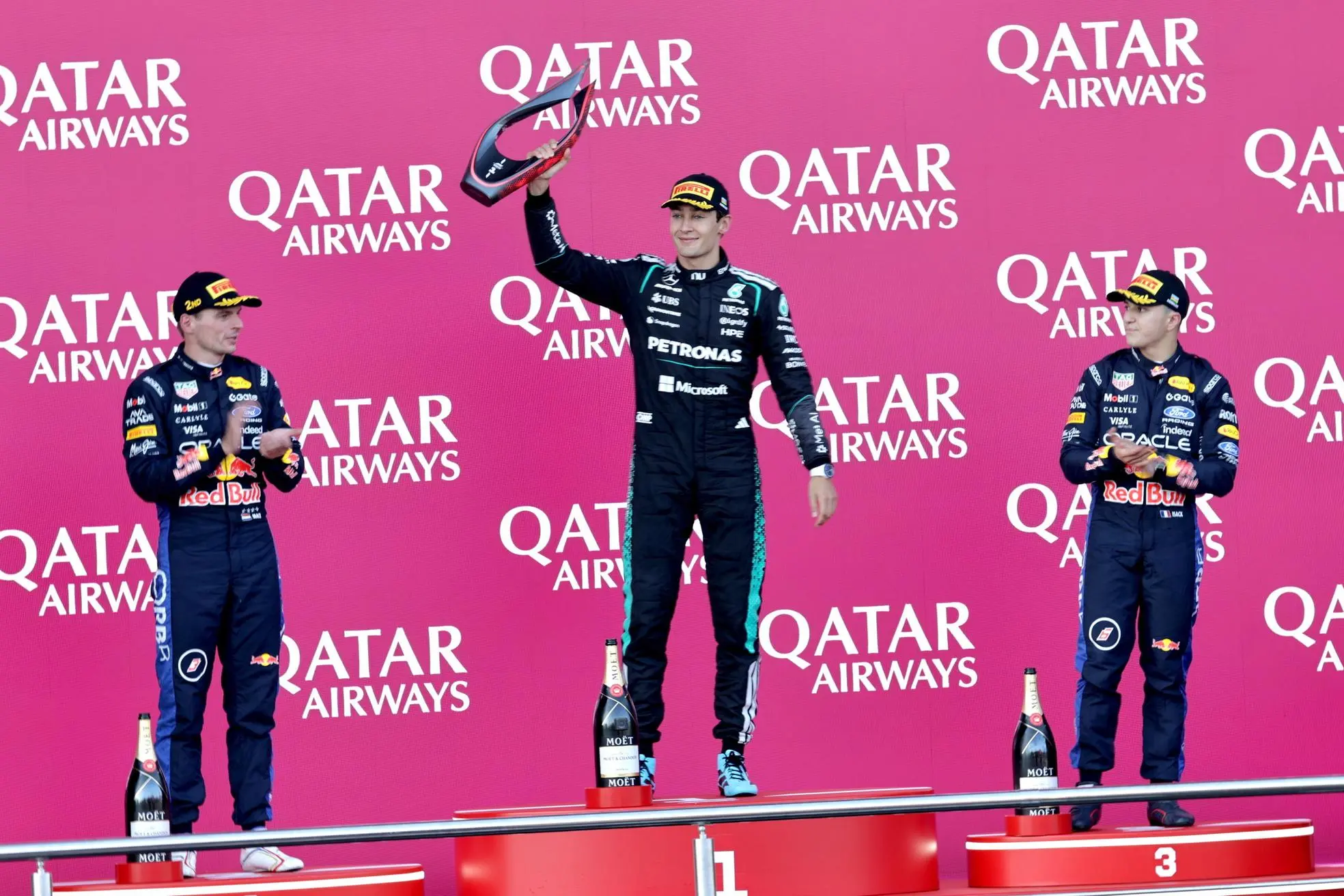 Gp Azerbaigian, il podio (foto Ansa/Epa)