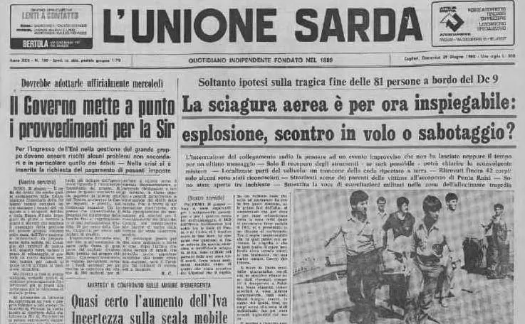 La prima pagina de L'Unione Sarda del 29 giugno 1980 (Archivio L'Unione Sarda)