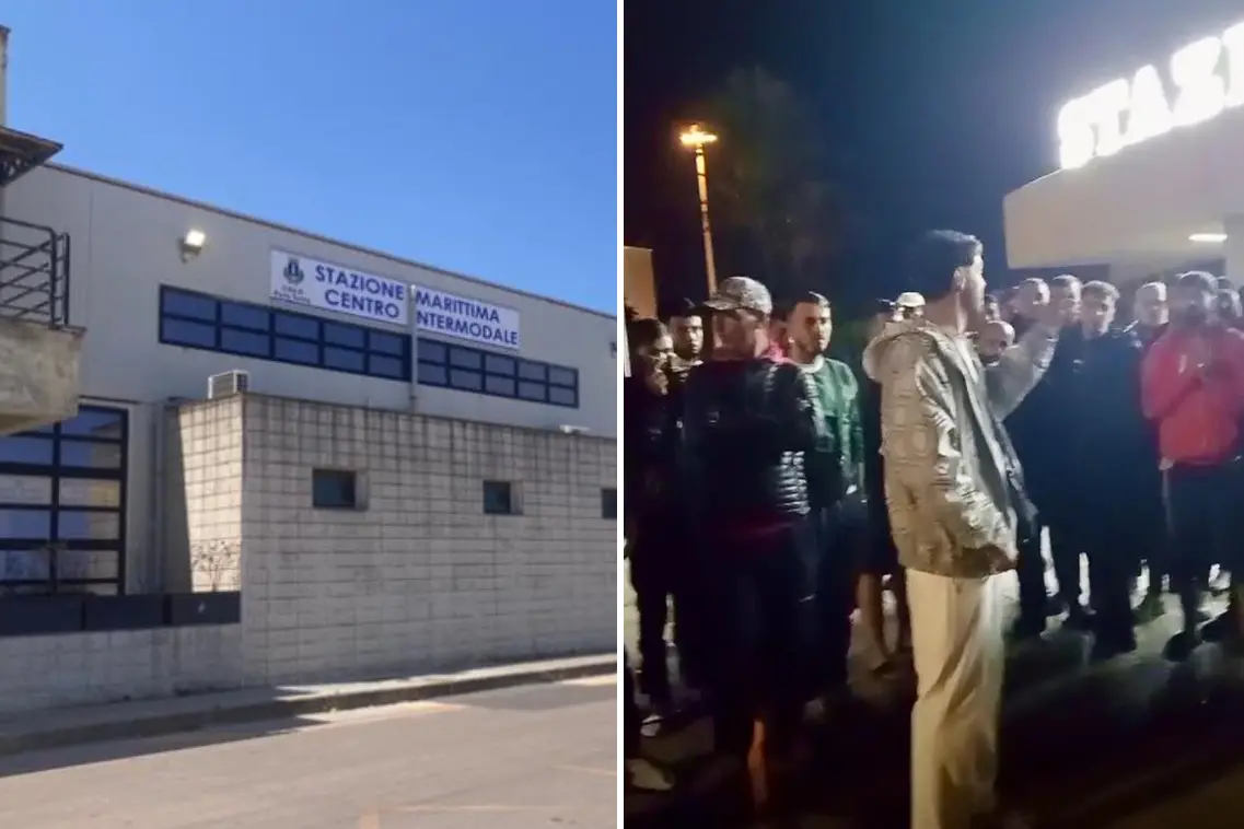 A sinistra la stazione marittima a Porto Torres, a destra i migranti a Olbia