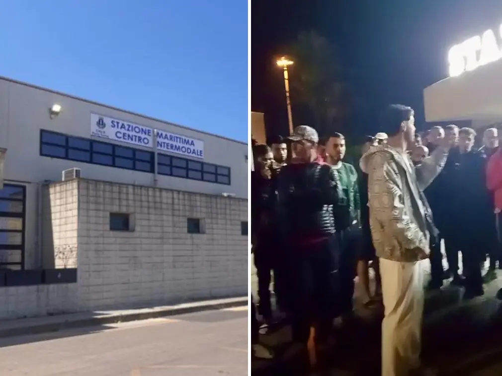 A sinistra la stazione marittima a Porto Torres, a destra i migranti a Olbia