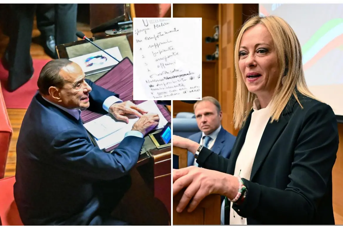 Silvio Berlusconi e Giorgia Meloni (Ansa), e nel riquadro gli appunti "incriminati" (fermo immagine)