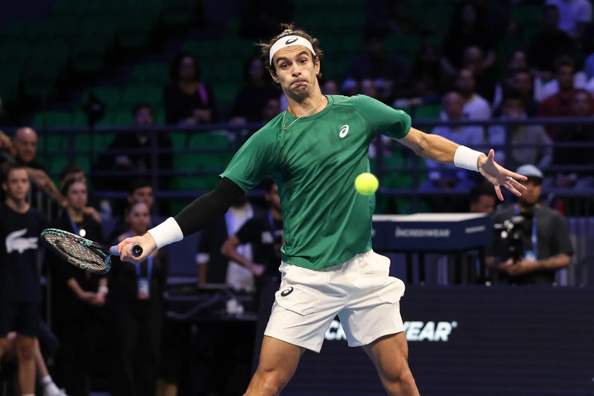 epa12512394 Lorenzo Musetti of Italy in action against Novak Djokovic of Serbia (not pictured) during the men's finals match of the ATP Hellenic Championship tennis tournament, Athens, Greece, 08 November 2025. EPA/GEORGE VITSARAS