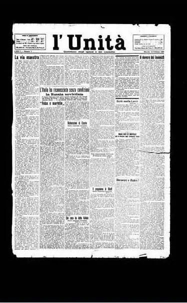 La prima pagina del primo numero de L'Unità