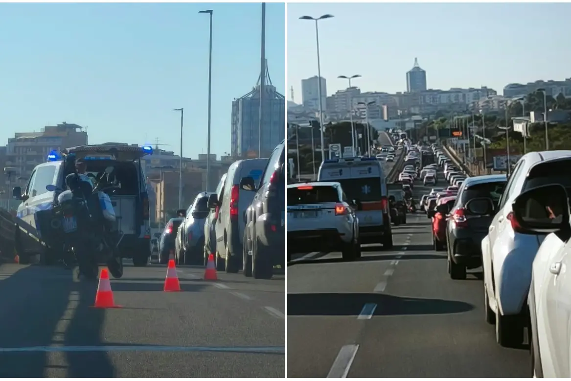 L'incidente e il traffico sull'Asse mediano (foto Pinna)