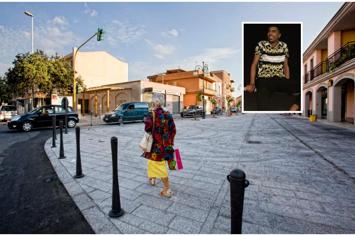Piazza Santa Maria a Quartu Sant'Elena (Archivio L'Unione Sarda) e, nel riquadro, il giovane ferito