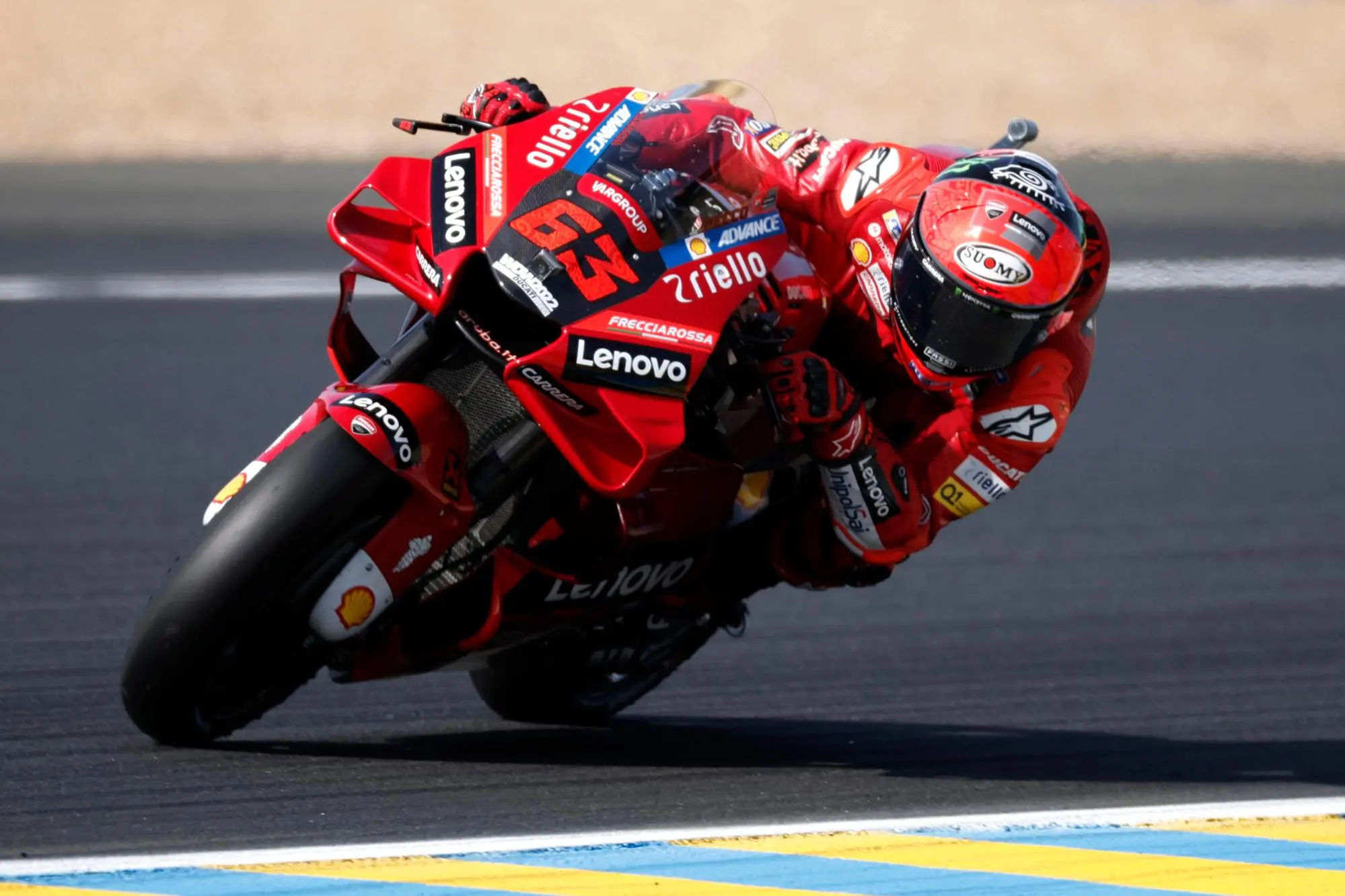 epa09946214 Italian MotoGP rider Francesco Bagnaia of Ducati Lenovo Team in action during the third free practice session for the French Motorcycling Grand Prix in Le Mans, France, 14 May 2022. EPA/YOAN VALAT