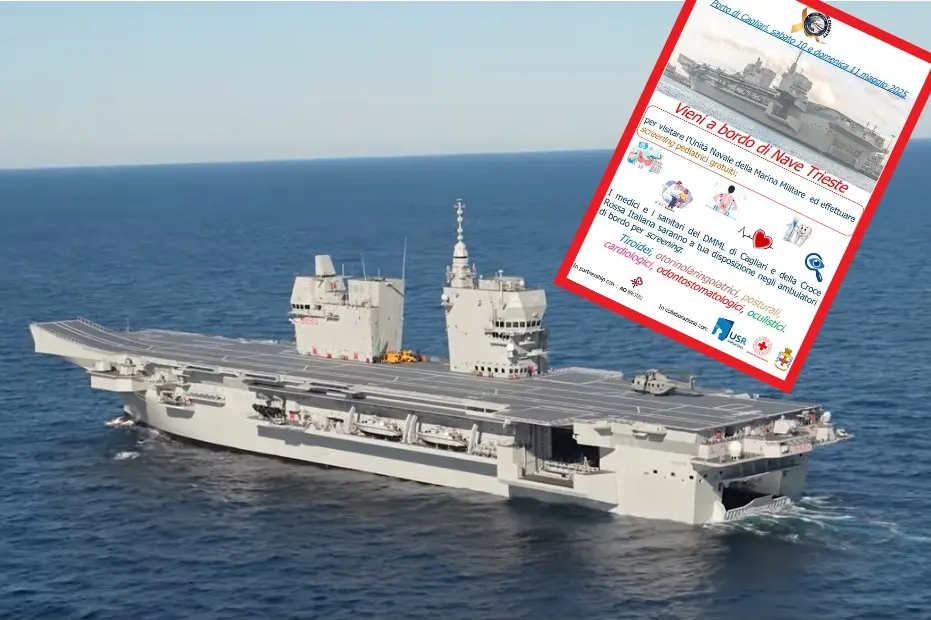 Nave Trieste e la locandina dell'evento Joint Stars For Charity