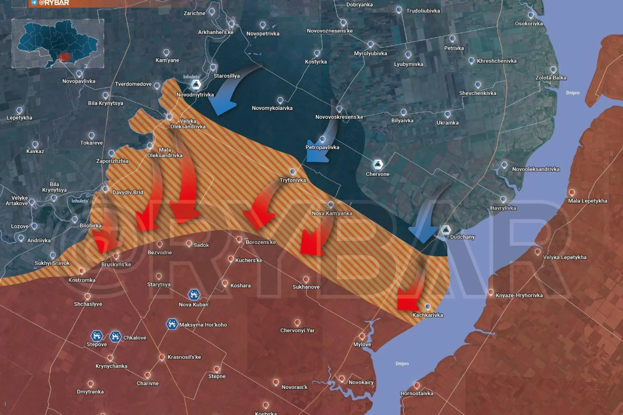 Una mappa militare da cui emerge l'importante ritirata delle forze di Mosca da alcuni territori della regione di Kherson (foto via Ansa)