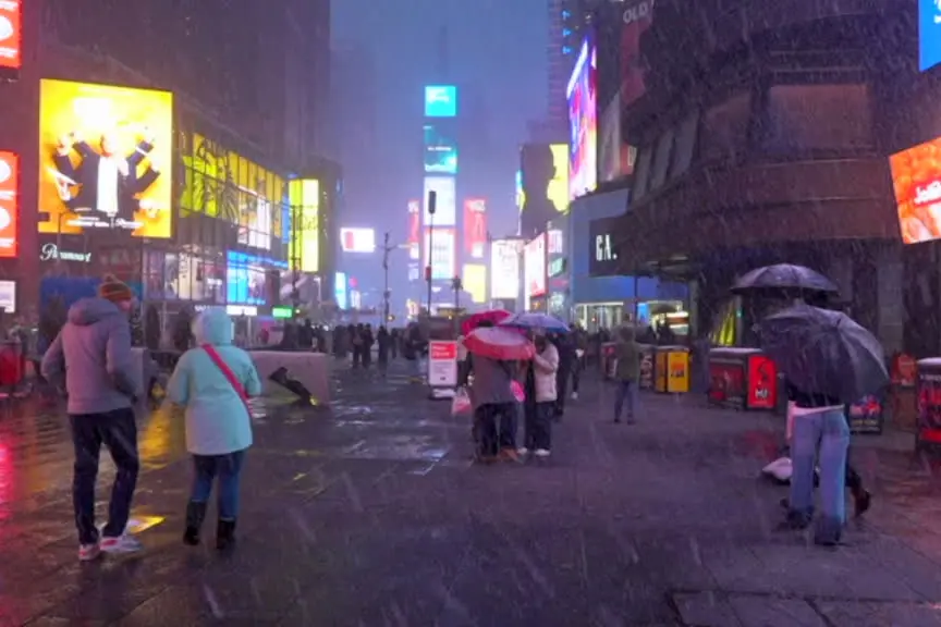 New York sotto la neve, turisti a Times Square