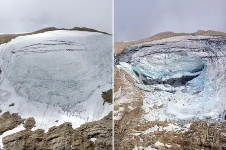 Il ghiacciaio prima e dopo la tragedia (foto Ansa)