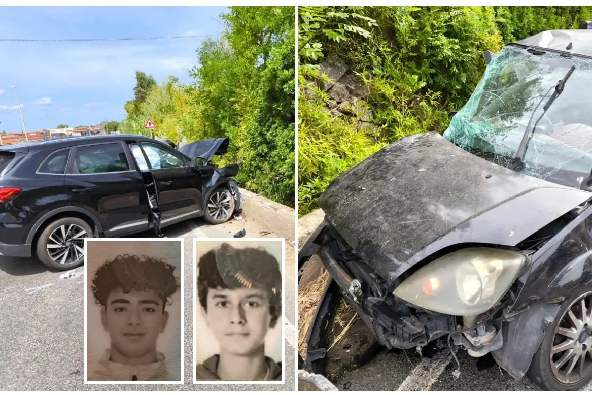 Le auto coinvolte nell'incidente, nei riquadri le vittime Sami Aiy Oufkir e Shehata Fares Hossameldin Abdelgelil (foto L'Unione Sarda)
