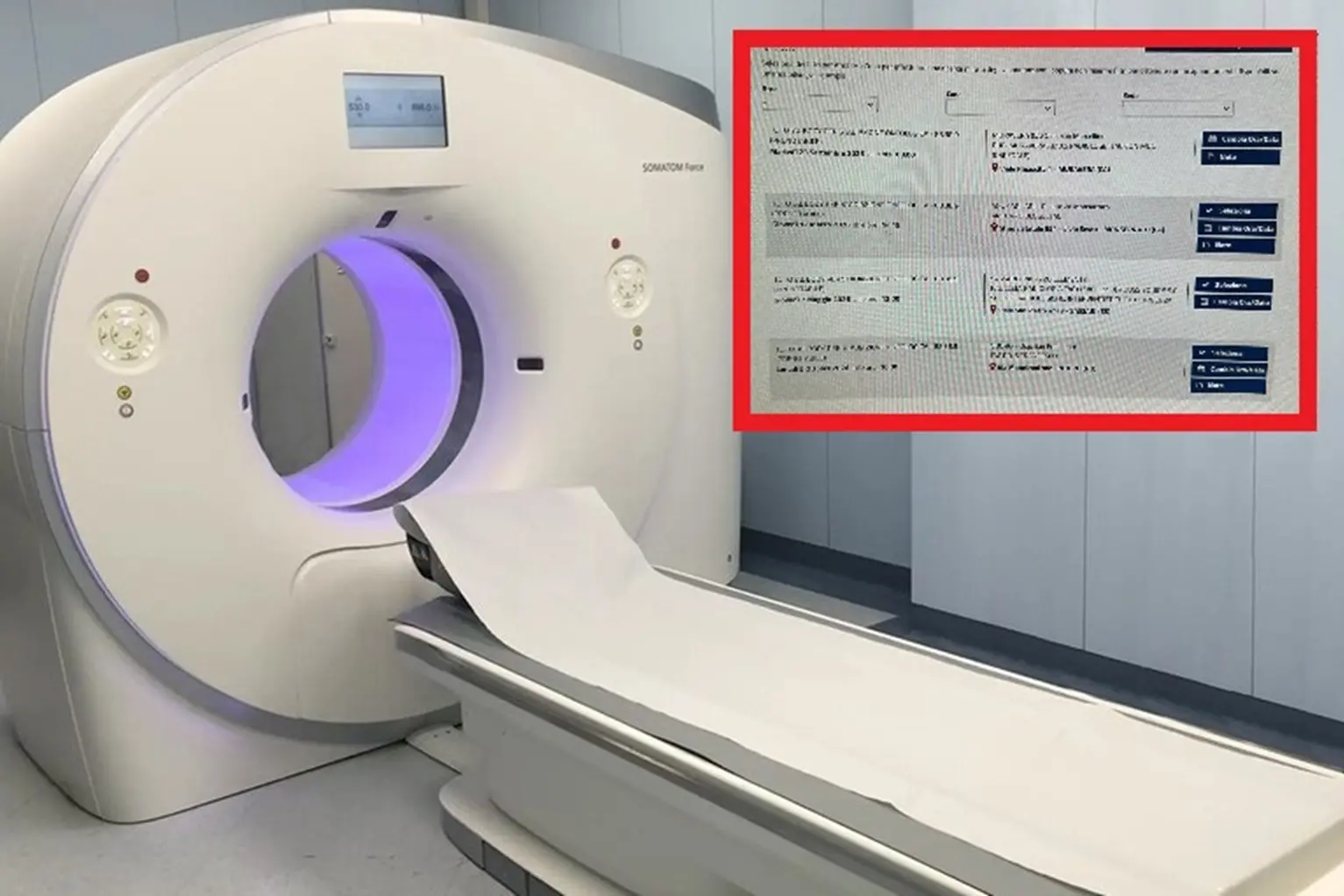 Un tomografo e, nel riquadro, gli slot disponibili per la Tac