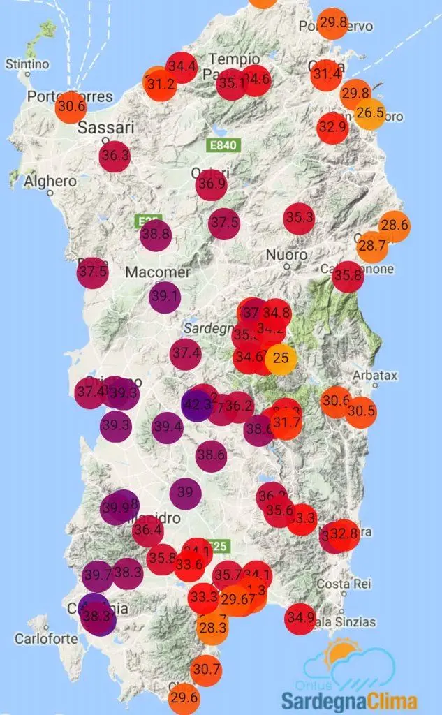 Le temperature registrate in Sardegna