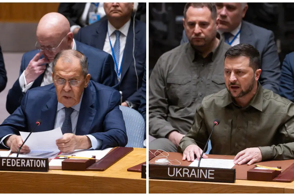 Lavrov e Zelensky al Consiglio di Sicurezza Onu (Ansa)
